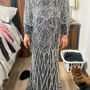 Elegant Navy and Silver Beaded Gown